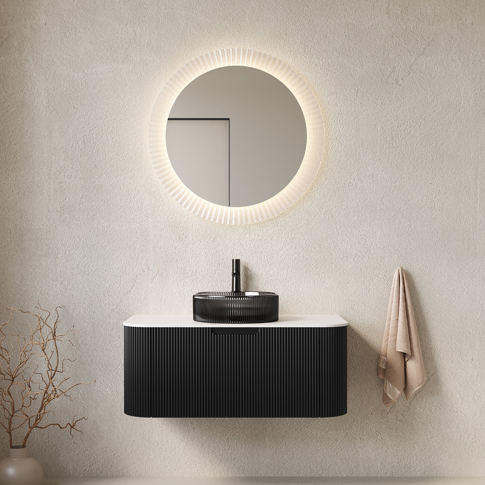 DINA 36" Bathroom Vanity with Sink, Wall-Mounted Floating Curved Edges Striped Bathroom Storage Cabinet with a Drawer, Transparent Black Round Glass Basin and Countertop, Pre-assembled, Black Color