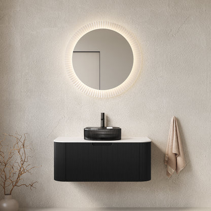 DINA 36" Bathroom Vanity with Sink, Wall-Mounted Floating Curved Edges Striped Bathroom Storage Cabinet with a Drawer, Transparent Black Round Glass Basin and Countertop, Pre-assembled, Black Color