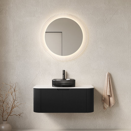 DINA 36" Bathroom Vanity with Sink, Wall-Mounted Floating Curved Edges Striped Bathroom Storage Cabinet with a Drawer, Transparent Black Round Glass Basin and Countertop, Pre-assembled, Black Color