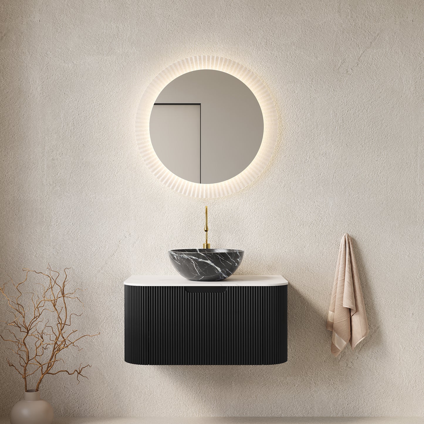 DINA 30" Bathroom Vanity with Sink, Wall-Mounted Floating Curved Edges Striped Bathroom Storage Cabinet with Drawer, Black Bowl Ceramic Basin with Stone Pattern, Pre-assembled, Black Color