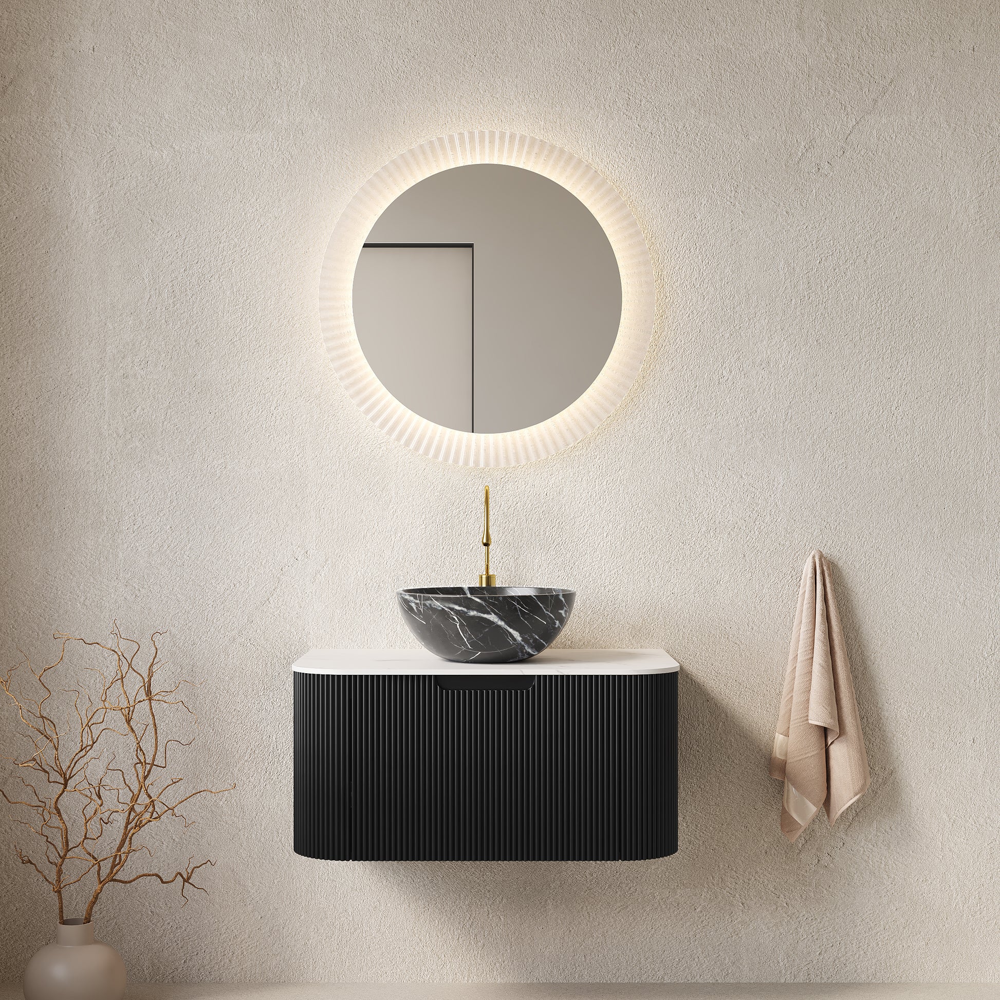 DINA 30" Bathroom Vanity with Sink, Wall-Mounted Floating Curved Edges Striped Bathroom Storage Cabinet with Drawer, Black Bowl Ceramic Basin with Stone Pattern, Pre-assembled, Black Color