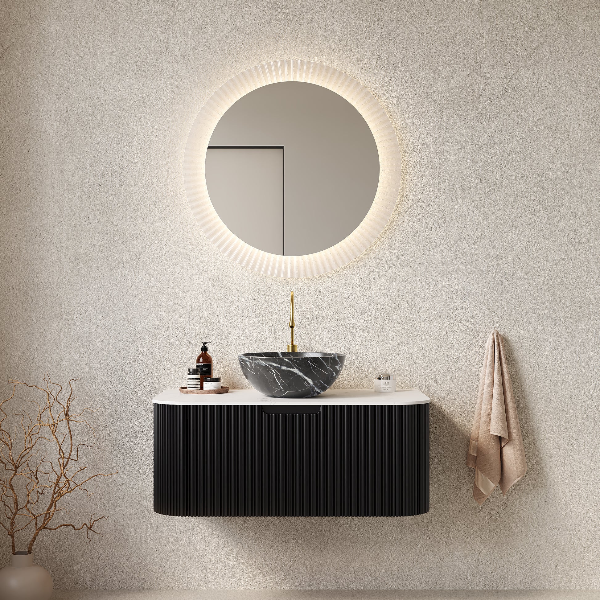 DINA 36" Bathroom Vanity with Sink, Wall-Mounted Floating Curved Edges Striped Bathroom Storage Cabinet with Drawer, Black Bowl Ceramic Basin with Stone Pattern, Pre-assembled, Black Color
