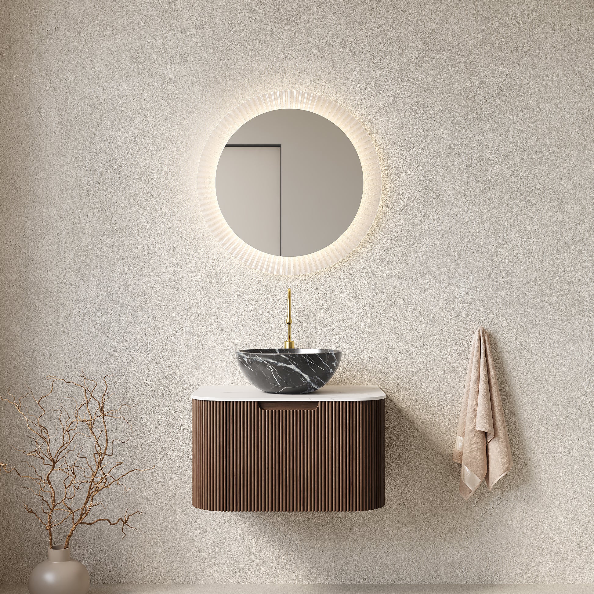 DINA 24" Bathroom Vanity with Sink, Wall-Mounted Curved Edges Striped Bathroom Storage Cabinet with Drawer, Black Bowl Ceramic Basin with Stone Pattern, Pre-assembled, Dark Walnut Woodgrain Color