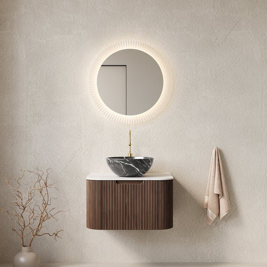 DINA 24" Bathroom Vanity with Sink, Wall-Mounted Curved Edges Striped Bathroom Storage Cabinet with Drawer, Black Bowl Ceramic Basin with Stone Pattern, Pre-assembled, Dark Walnut Woodgrain Color