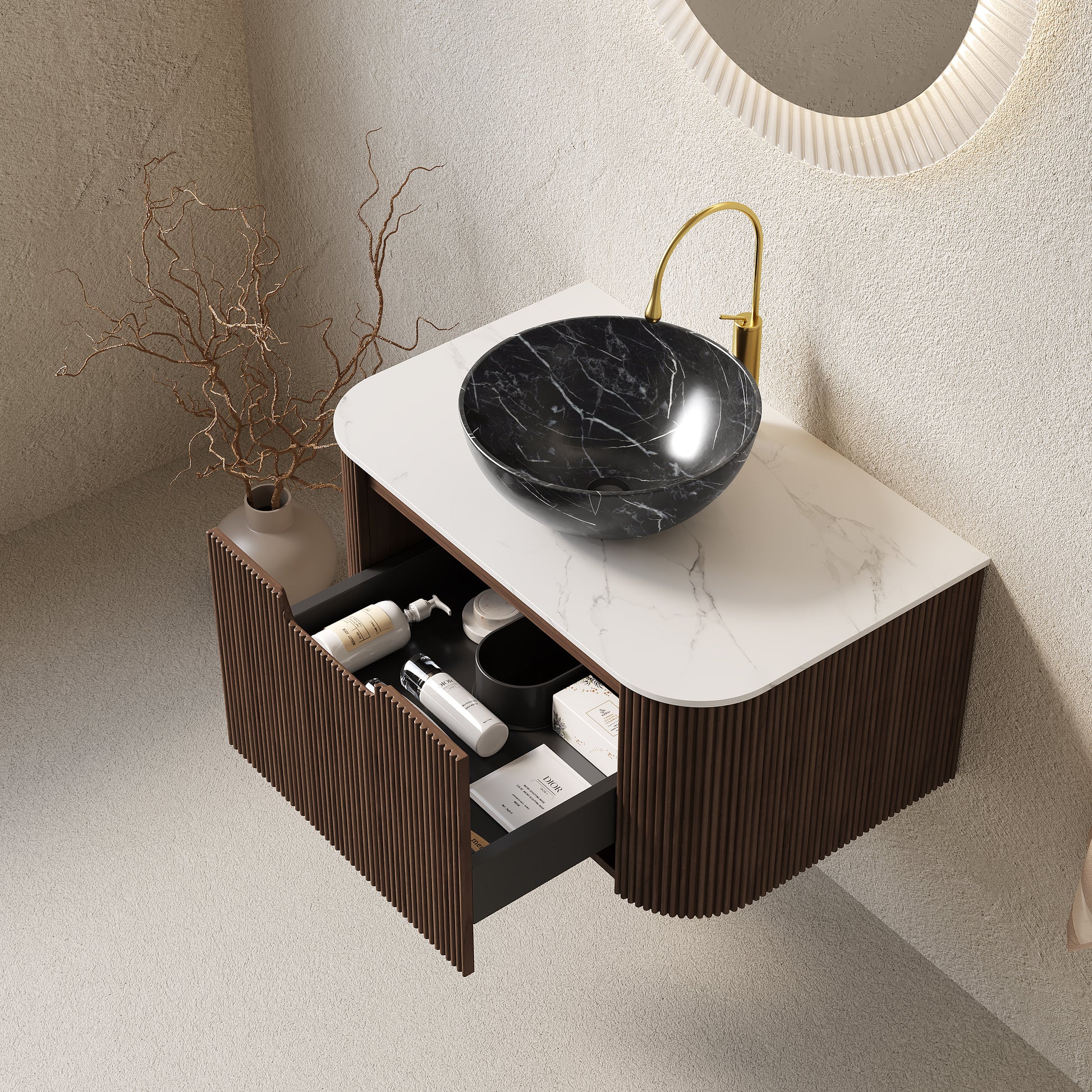 Black Ceramic Bathroom Vanity - Wall Mounted Storage Cabinet