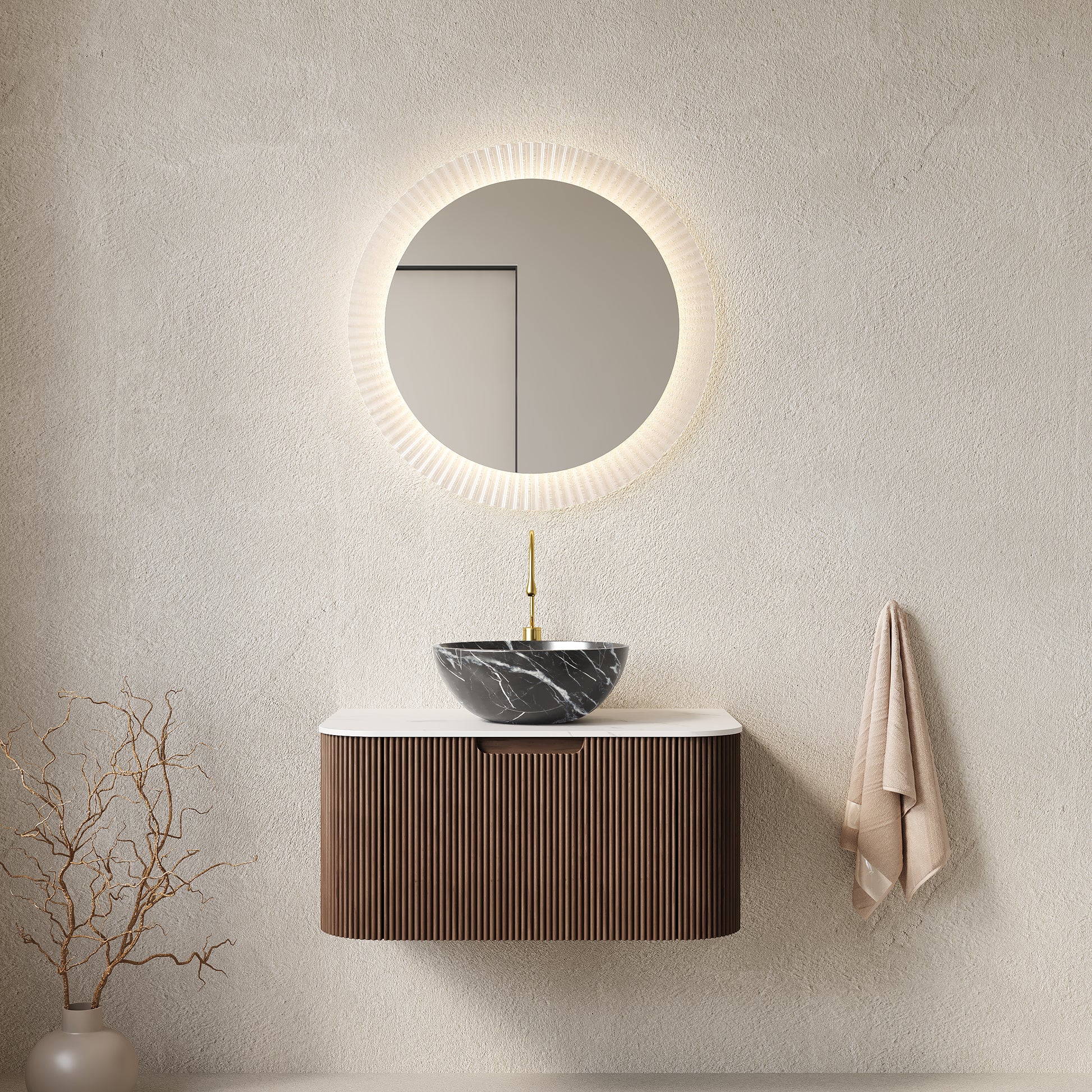 DINA 30" Bathroom Vanity with Sink, Wall-Mounted Curved Edges Striped Bathroom Storage Cabinet with Drawer, Black Bowl Ceramic Basin with Stone Pattern, Pre-assembled, Dark Walnut Woodgrain Color