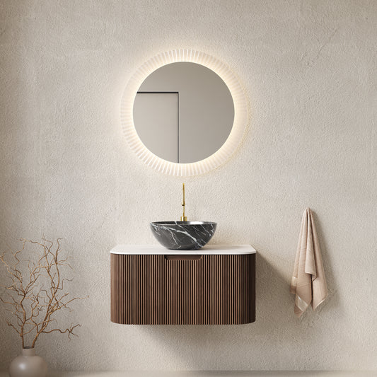 DINA 30" Bathroom Vanity with Sink, Wall-Mounted Curved Edges Striped Bathroom Storage Cabinet with Drawer, Black Bowl Ceramic Basin with Stone Pattern, Pre-assembled, Dark Walnut Woodgrain Color