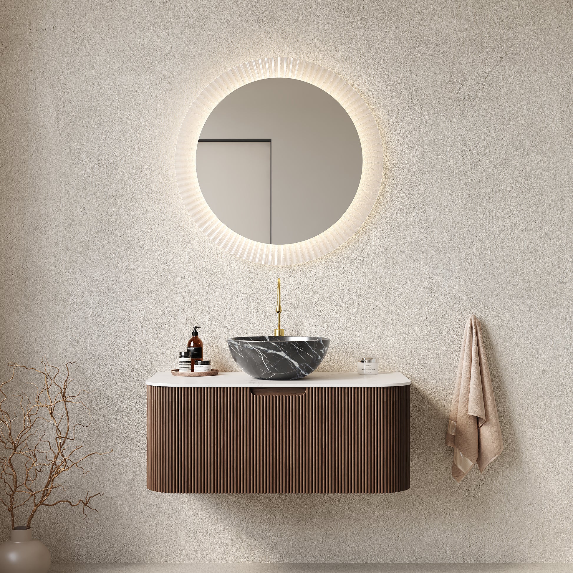 DINA 36" Bathroom Vanity with Sink, Wall-Mounted Floating Curved Edges Striped Bathroom Storage Cabinet with Drawer, Black Bowl Ceramic Basin with Stone Pattern, Pre-assembled, Dark Walnut Color