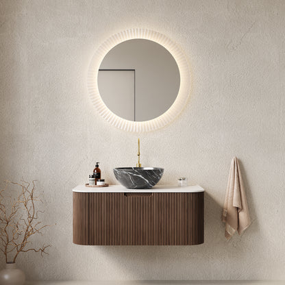 DINA 36" Bathroom Vanity with Sink, Wall-Mounted Floating Curved Edges Striped Bathroom Storage Cabinet with Drawer, Black Bowl Ceramic Basin with Stone Pattern, Pre-assembled, Dark Walnut Color