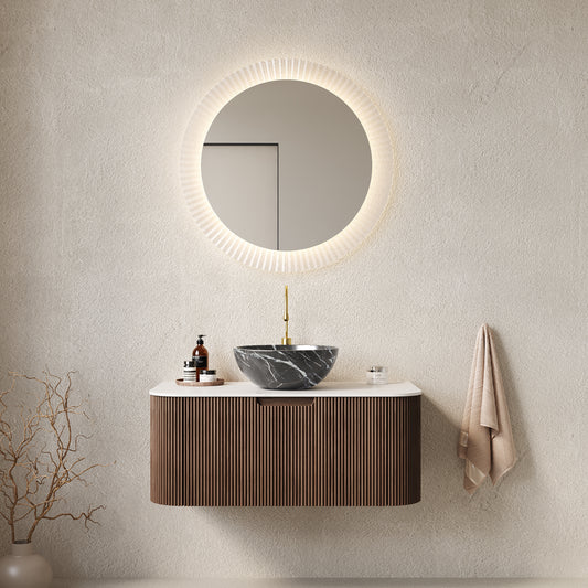 DINA 36" Bathroom Vanity with Sink, Wall-Mounted Floating Curved Edges Striped Bathroom Storage Cabinet with Drawer, Black Bowl Ceramic Basin with Stone Pattern, Pre-assembled, Dark Walnut Color