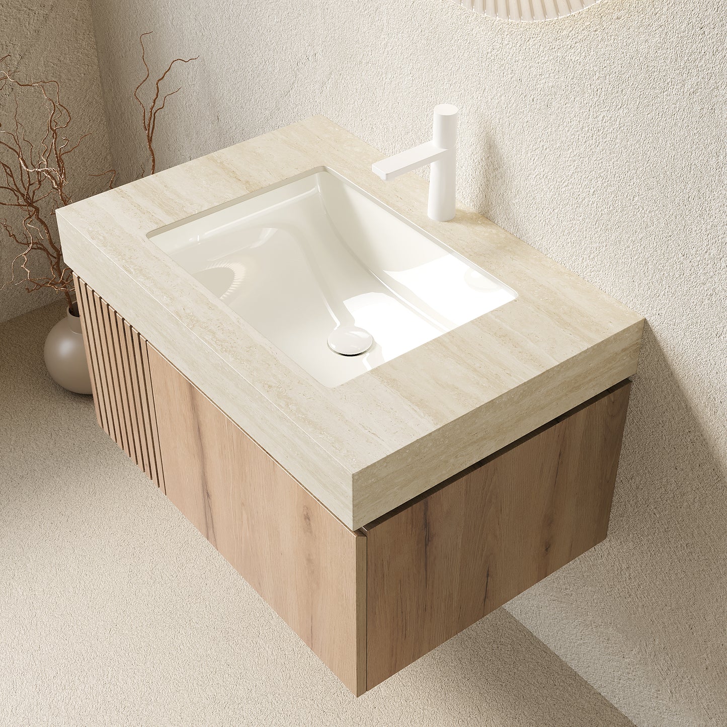 MURI 30" Bathroom Vanity & Sink - Beige, White Oak Storage Cabinet