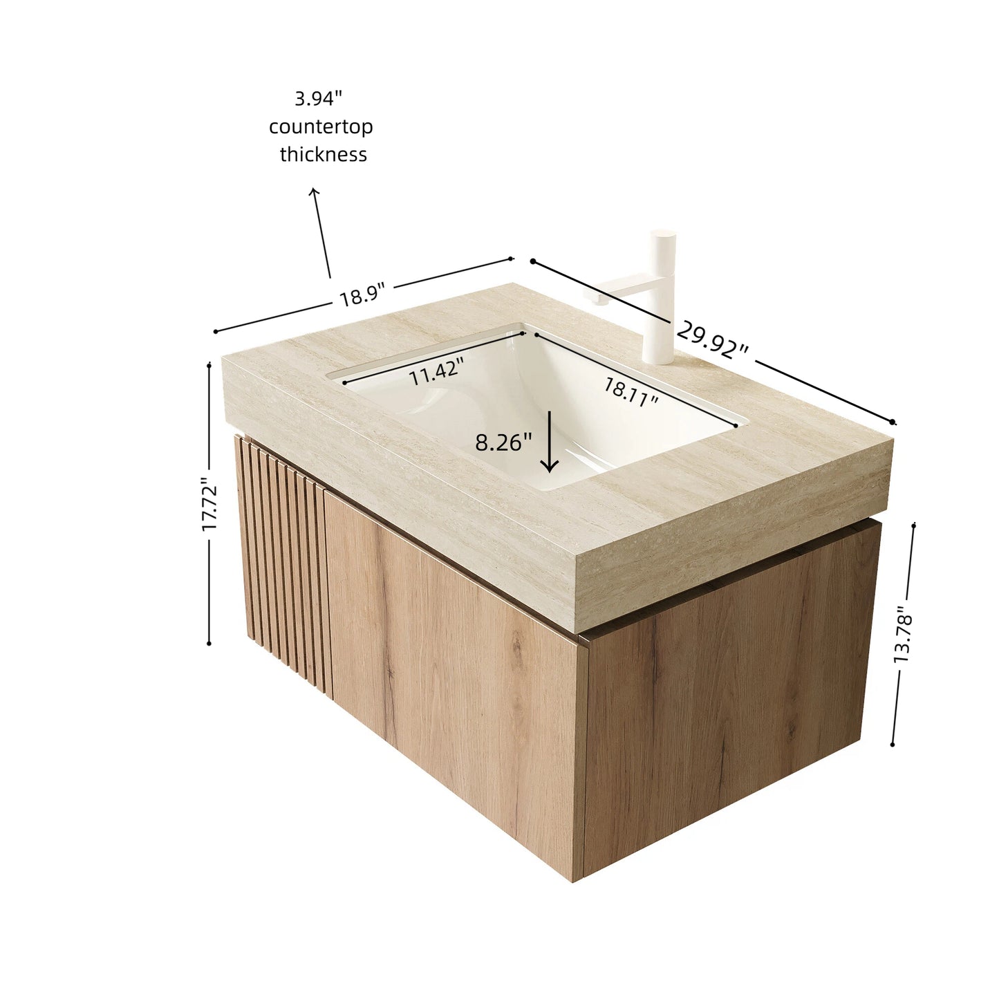 MURI 30" Bathroom Vanity & Sink - Beige, White Oak Storage Cabinet
