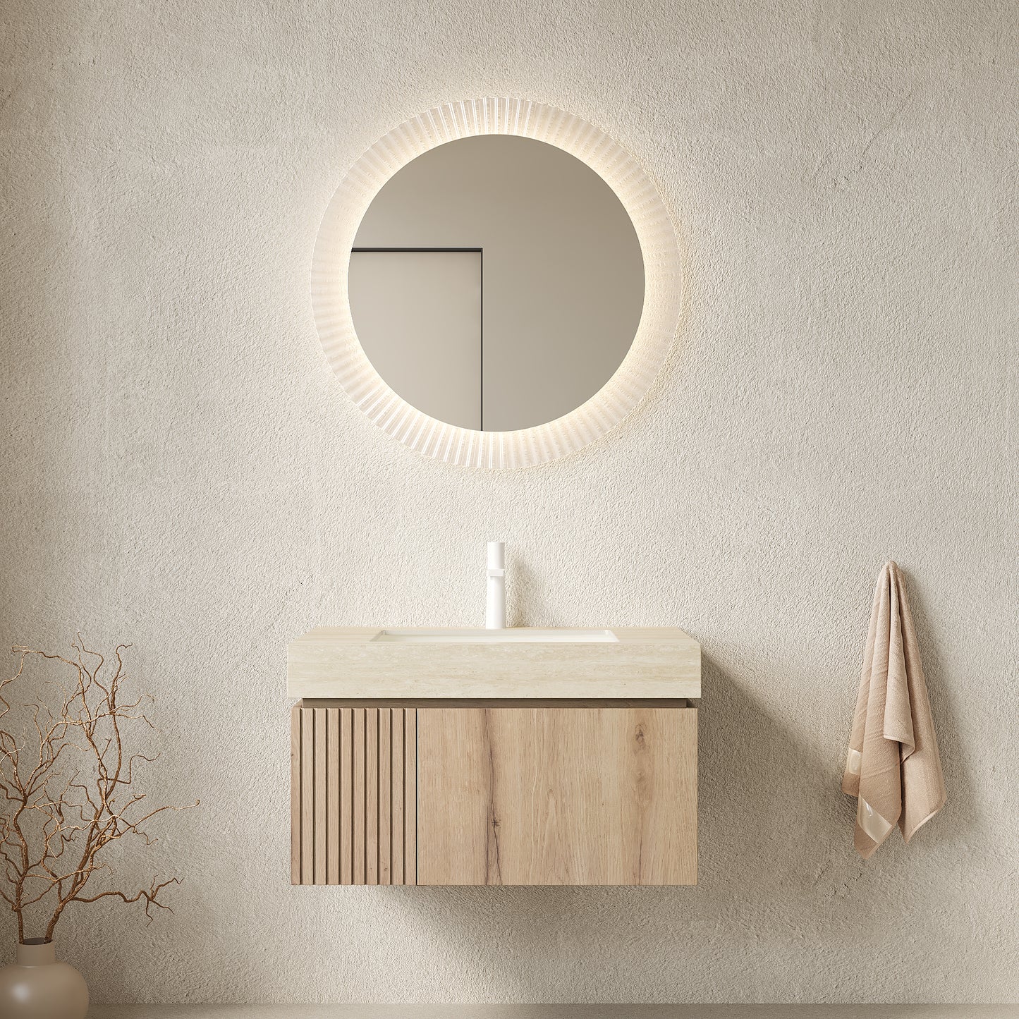 MURI 30" Bathroom Vanity&Sink, Floating Plywood Storage Cabinet with Drawer&Door, Roma Travertine Sintered Stone Top&Ceramic Basin with 1 Pre-drilled Faucet Hole, Pre-assembled, White Oak Woodgrain