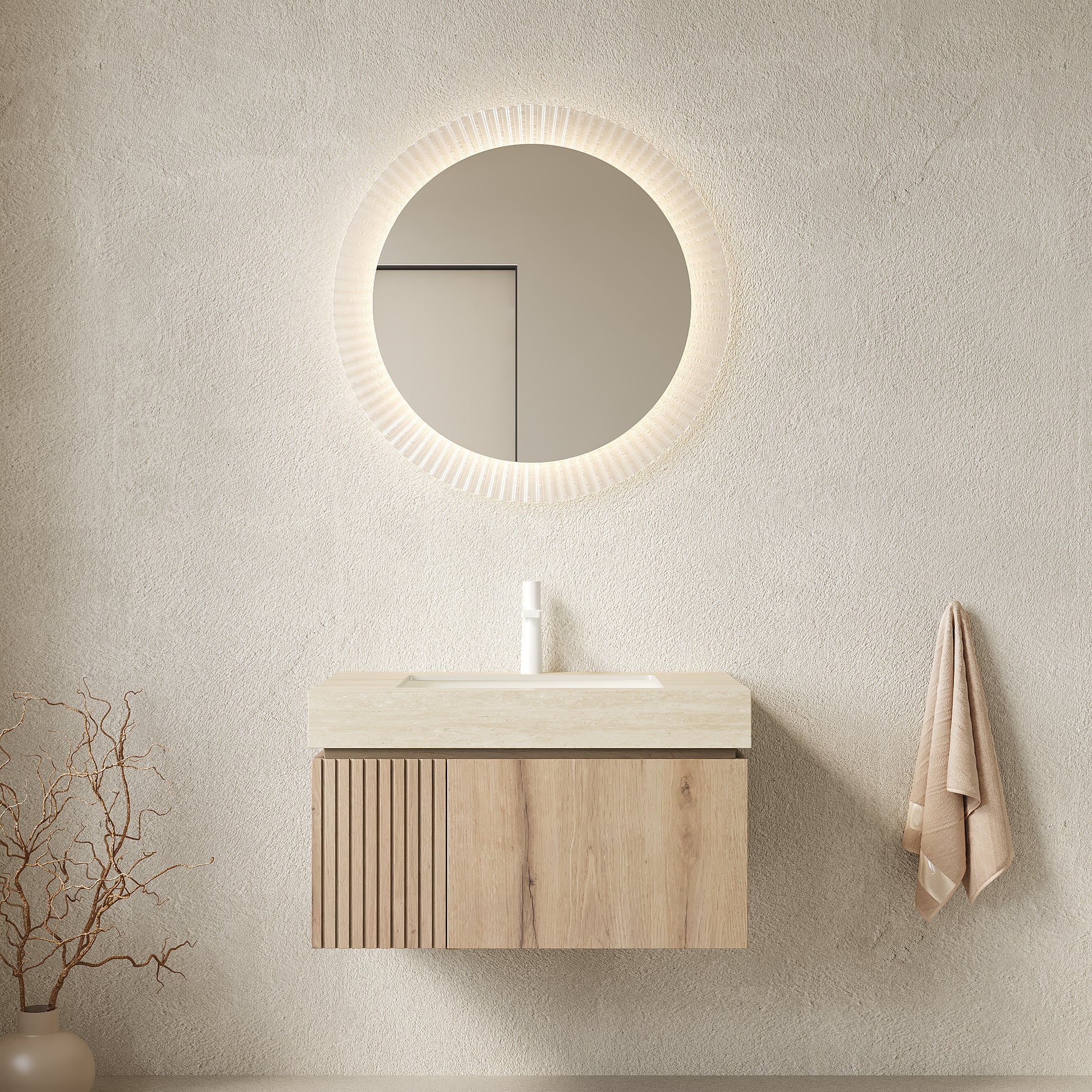 MURI 30" Bathroom Vanity&Sink, Floating Plywood Storage Cabinet with Drawer&Door, Roma Travertine Sintered Stone Top&Ceramic Basin with 1 Pre-drilled Faucet Hole, Pre-assembled, White Oak Woodgrain