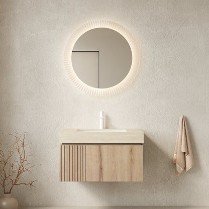 MURI 30" Bathroom Vanity&Sink, Floating Plywood Storage Cabinet with Drawer&Door, Roma Travertine Sintered Stone Top&Ceramic Basin with 1 Pre-drilled Faucet Hole, Pre-assembled, White Oak Woodgrain