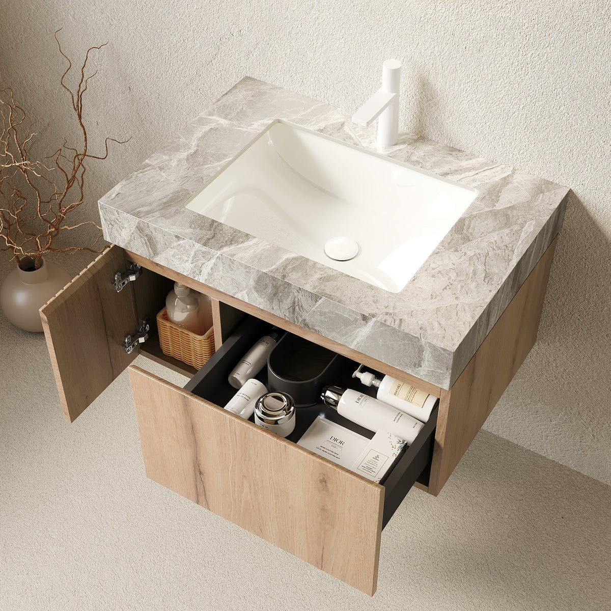 MURI 30" Bathroom Vanity & Sink - Light Gray Sintered Stone