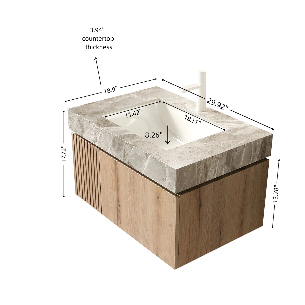 MURI 30" Bathroom Vanity & Sink - Light Gray Sintered Stone