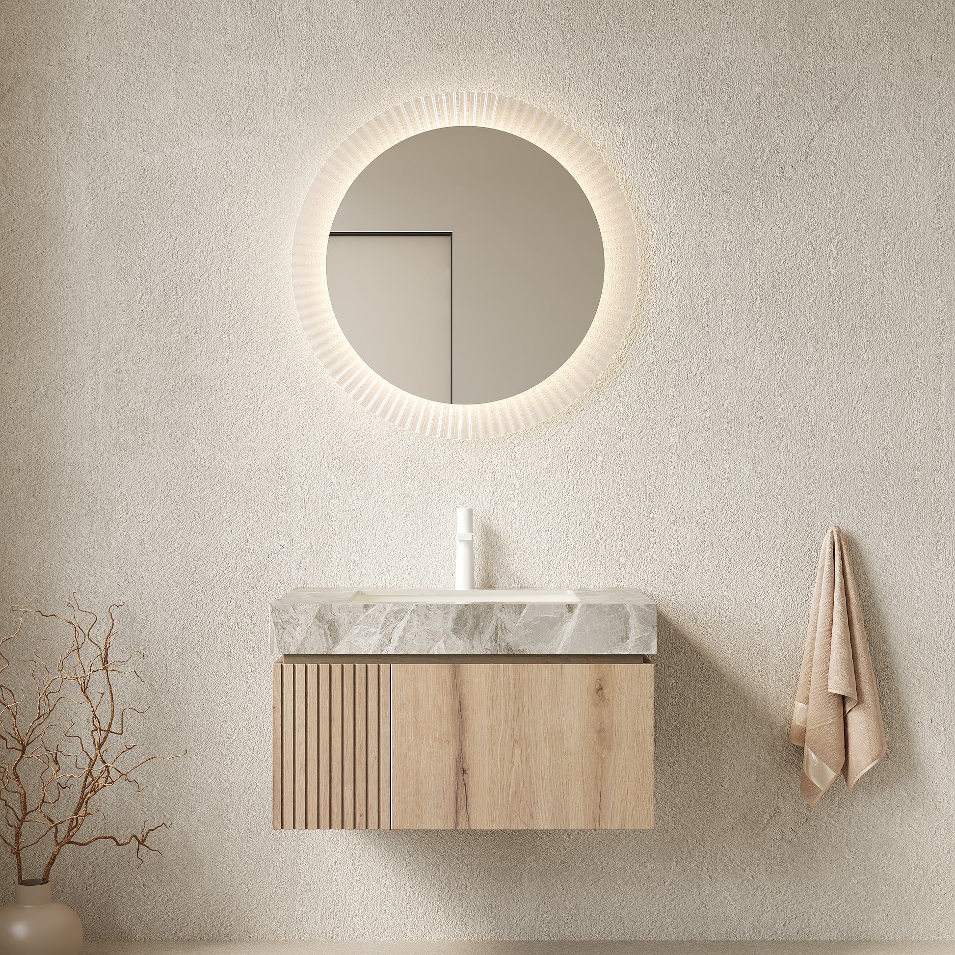 MURI 30" Bathroom Vanity&Sink, Floating Plywood Storage Cabinet with Drawer&Door, Light Gray Sintered Stone Top&Ceramic Basin with 1 Pre-drilled Faucet Hole, Pre-assembled, White Oak Woodgrain Color