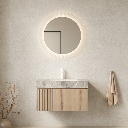 MURI 30" Bathroom Vanity&Sink, Floating Plywood Storage Cabinet with Drawer&Door, Light Gray Sintered Stone Top&Ceramic Basin with 1 Pre-drilled Faucet Hole, Pre-assembled, White Oak Woodgrain Color