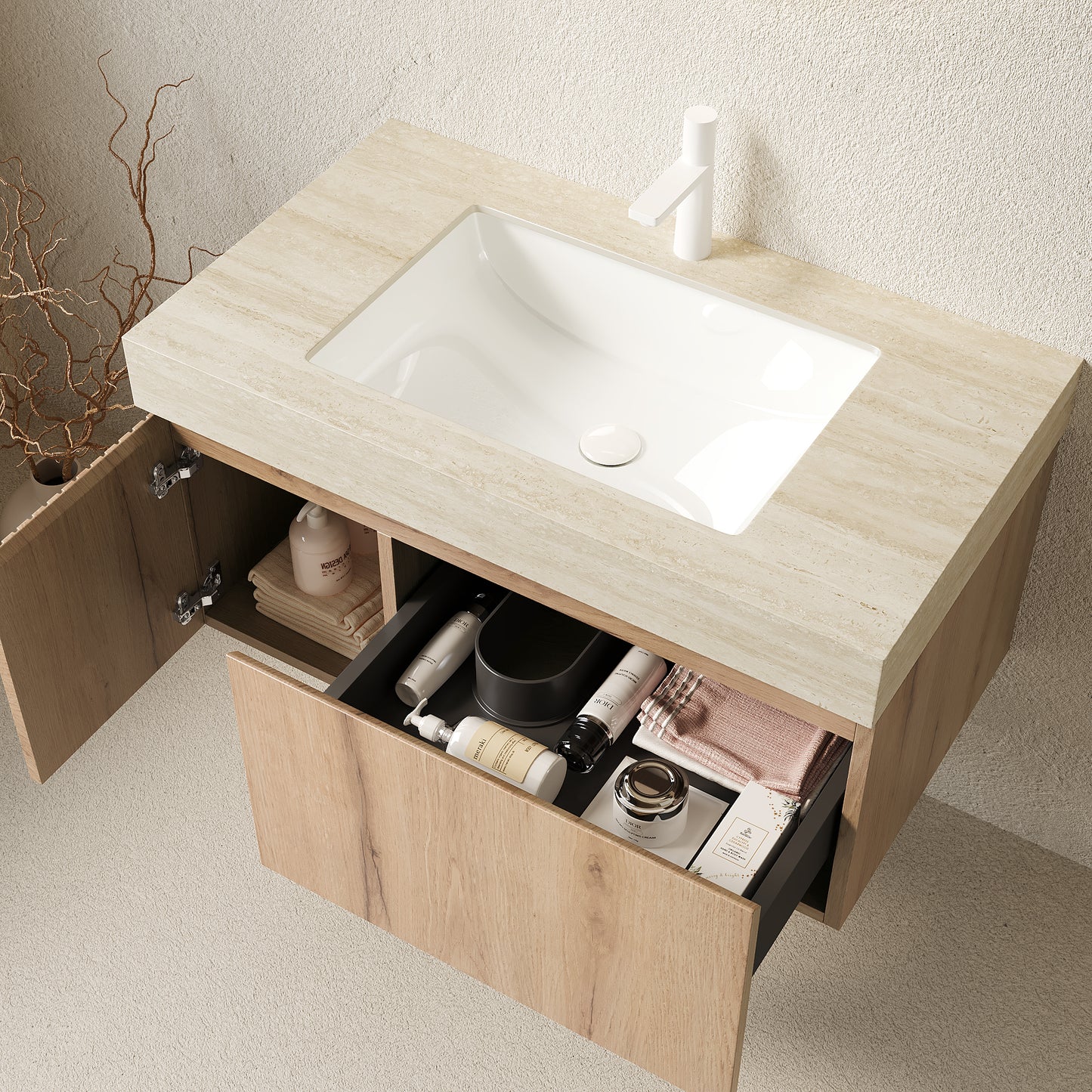 White Oak Bathroom Vanity with Sintered Stone Top Upgrade