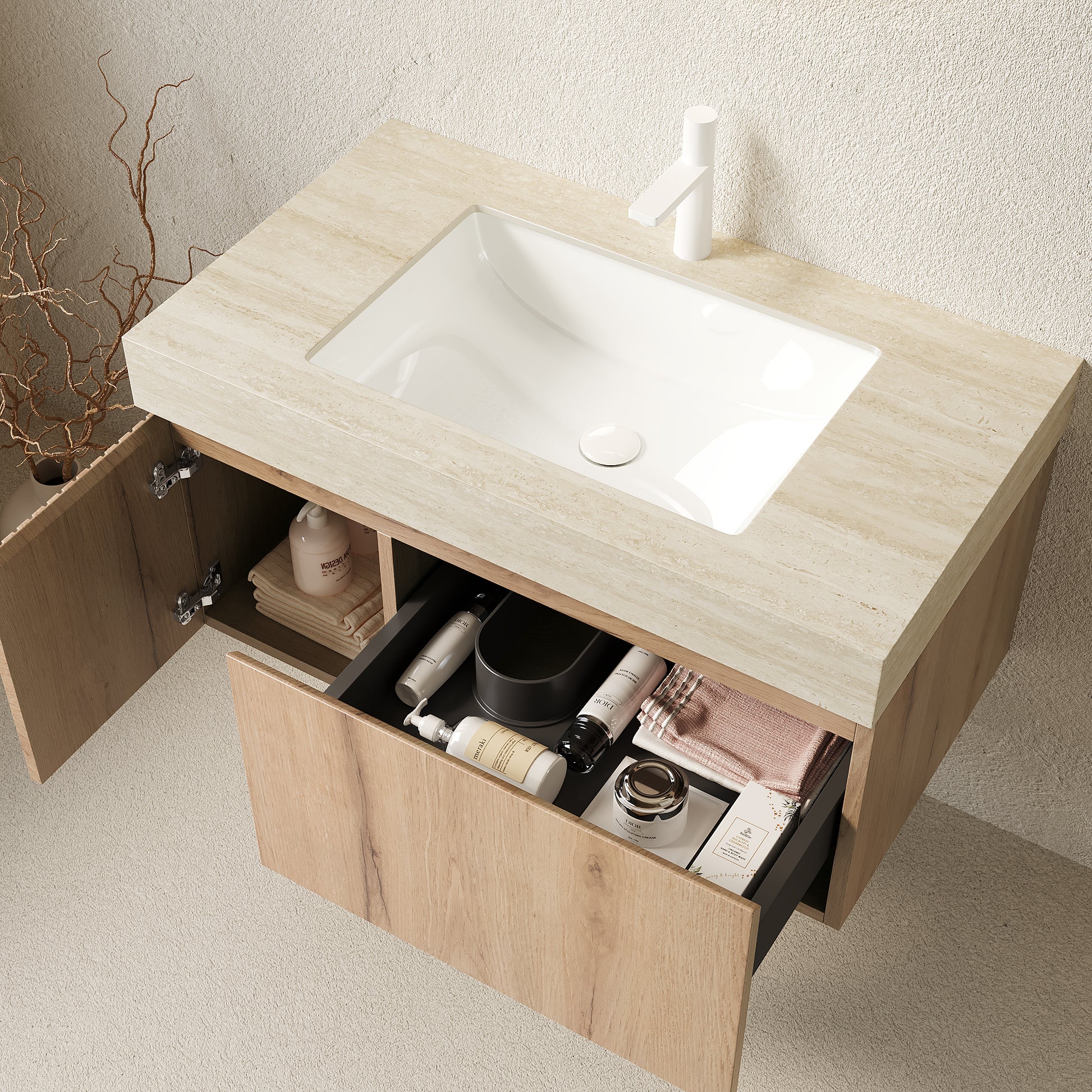 White Oak Bathroom Vanity with Sintered Stone Top Upgrade
