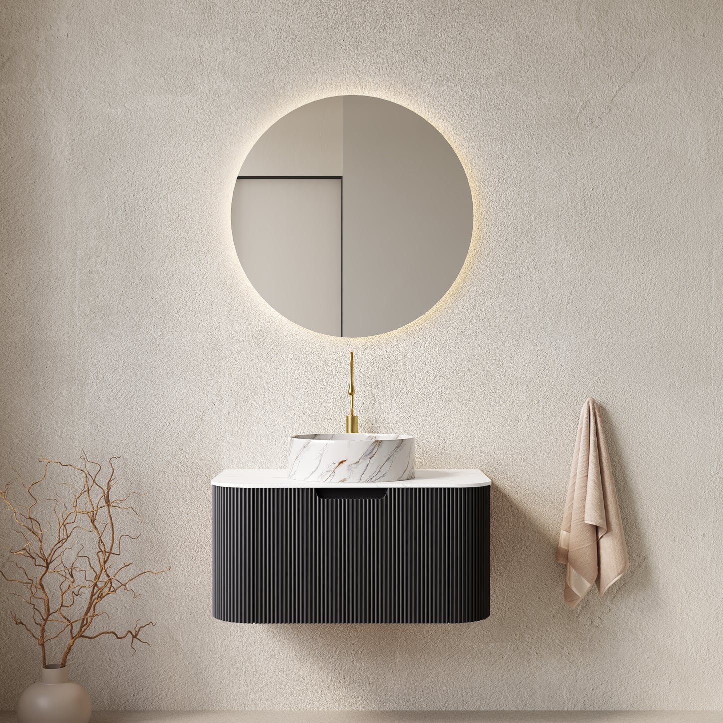 DINA 30" Bathroom Vanity with Sink, Wall-Mounted Floating Curved Edges Striped Bathroom Storage Cabinet with Drawer, White Round Ceramic Basin with Stone Pattern, Pre-assembled, Black Color