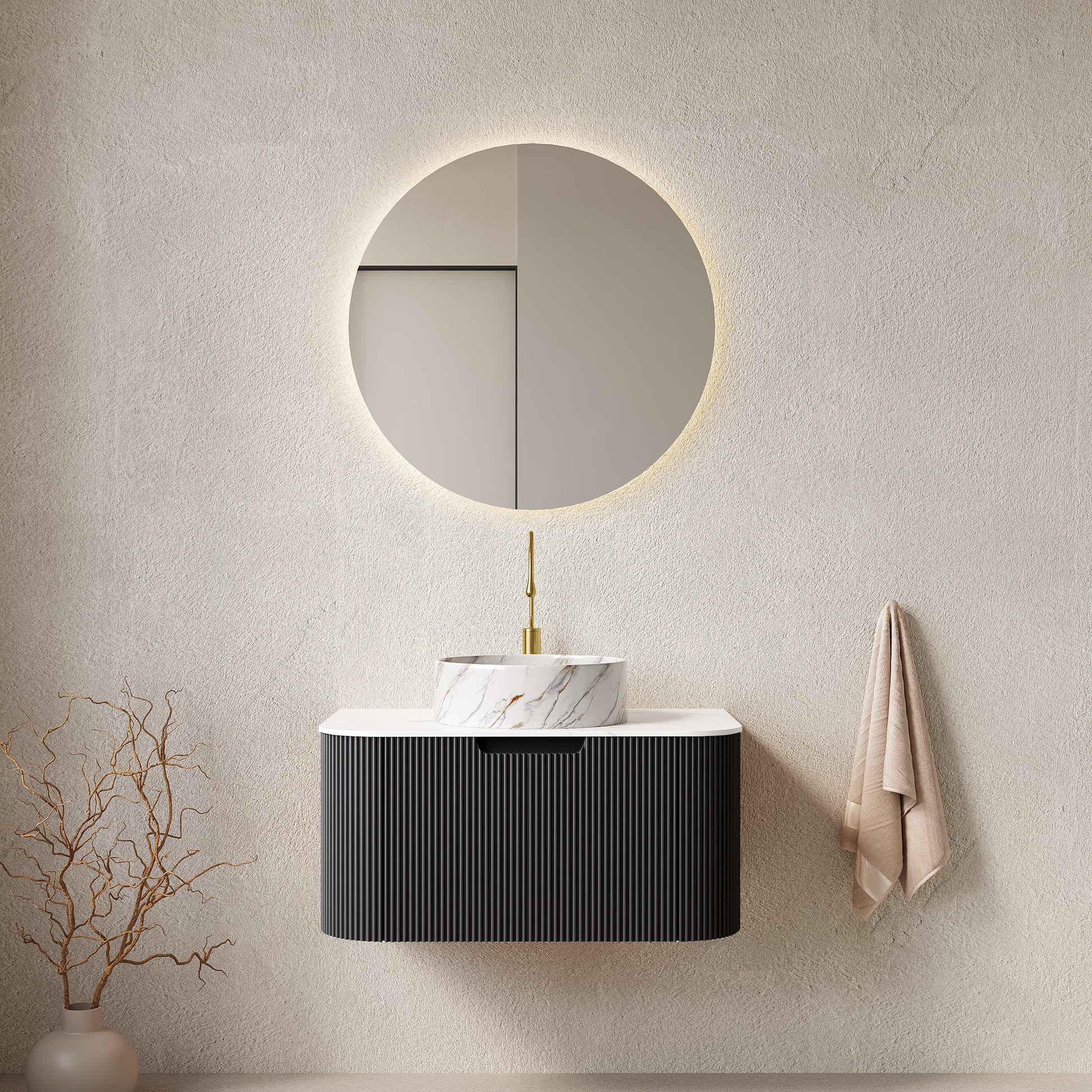 DINA 30" Bathroom Vanity with Sink, Wall-Mounted Floating Curved Edges Striped Bathroom Storage Cabinet with Drawer, White Round Ceramic Basin with Stone Pattern, Pre-assembled, Black Color