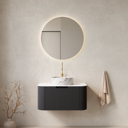 DINA 30" Bathroom Vanity with Sink, Wall-Mounted Floating Curved Edges Striped Bathroom Storage Cabinet with Drawer, White Round Ceramic Basin with Stone Pattern, Pre-assembled, Black Color