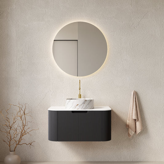 DINA 30" Bathroom Vanity with Sink, Wall-Mounted Floating Curved Edges Striped Bathroom Storage Cabinet with Drawer, White Round Ceramic Basin with Stone Pattern, Pre-assembled, Black Color