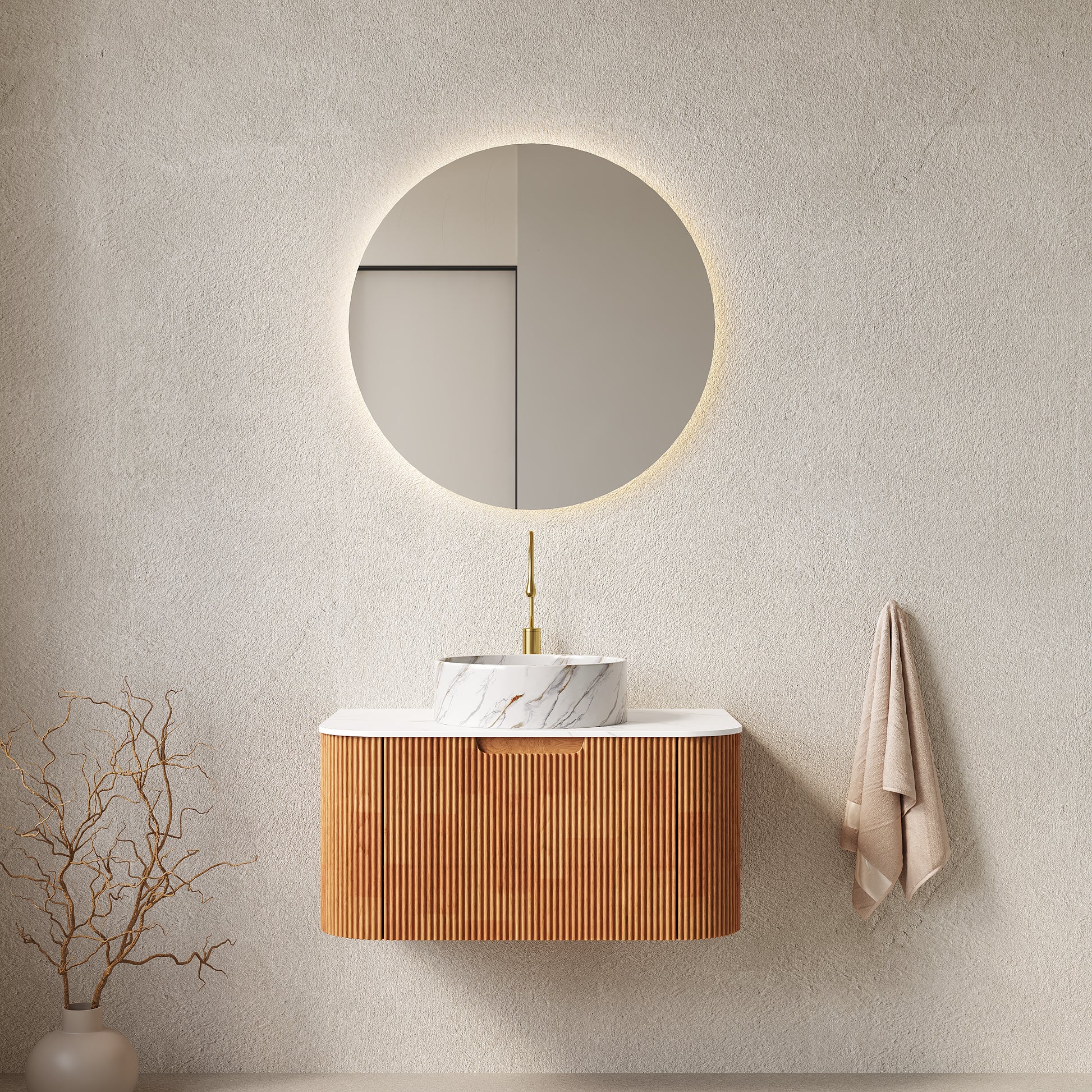 DINA 30" Bathroom Vanity & Sink, Wall-Mounted Floating Curved Edges Striped Bathroom Storage Cabinet with Drawer, White Round Ceramic Basin with Stone Pattern, Pre-assembled, Natural Woodgrain Color