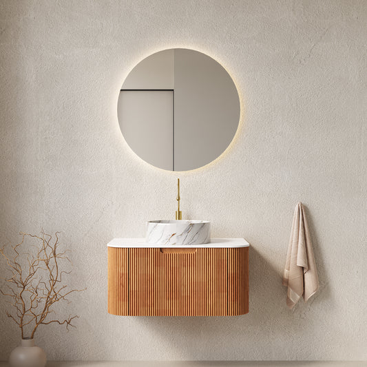 DINA 30" Bathroom Vanity & Sink, Wall-Mounted Floating Curved Edges Striped Bathroom Storage Cabinet with Drawer, White Round Ceramic Basin with Stone Pattern, Pre-assembled, Natural Woodgrain Color
