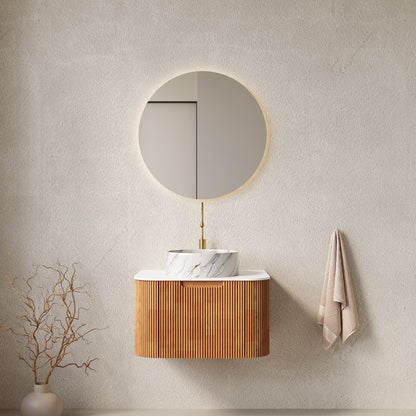 DINA 24" Bathroom Vanity&Sink, Floating Curved Edges Striped Storage Cabinet with Drawer, Matte Stone White Round Ceramic Basin&Carrara White Artificial Marble Top, Pre-assembled, Natural Woodgrain