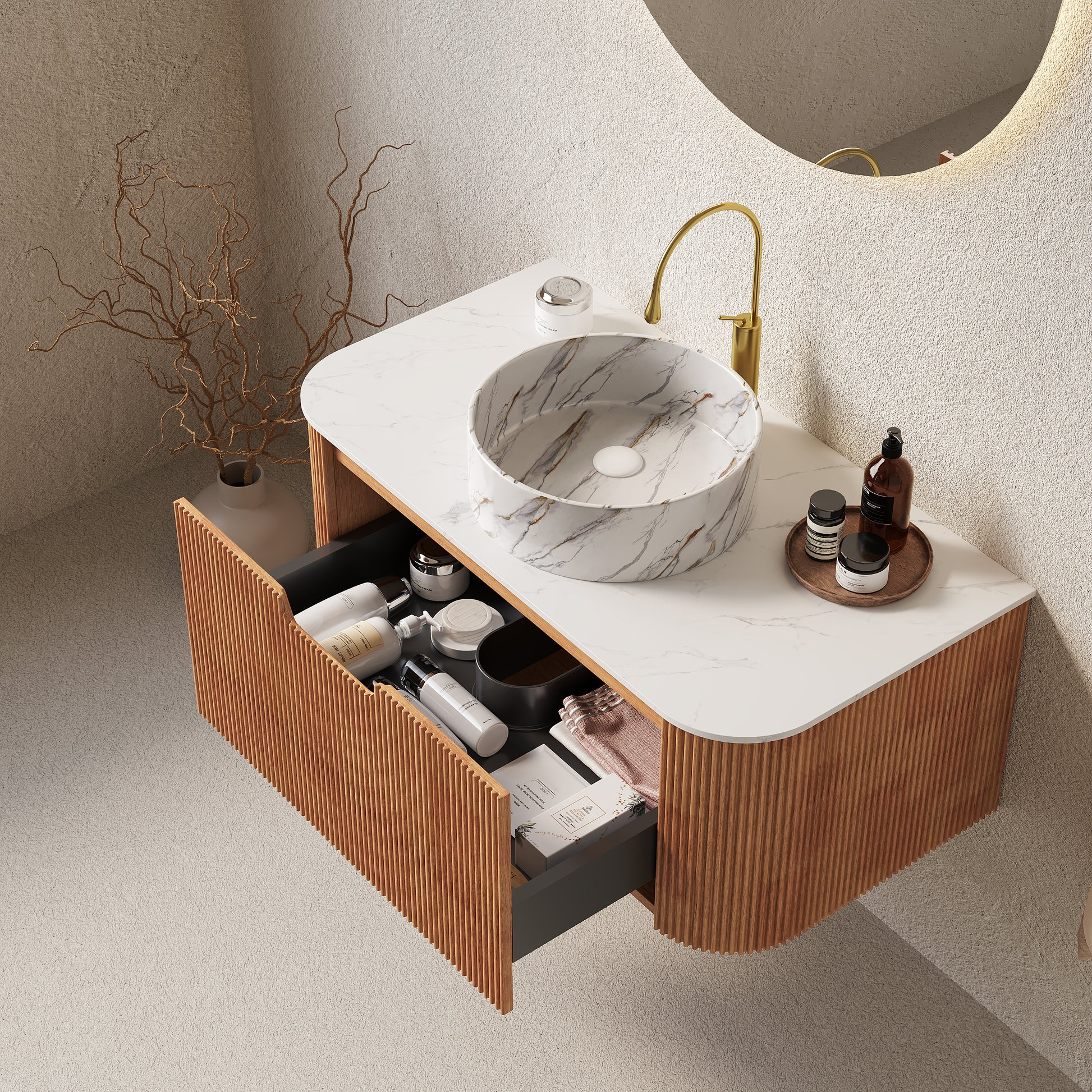36" Natural Wood White Bathroom Vanity with Ceramic Sink