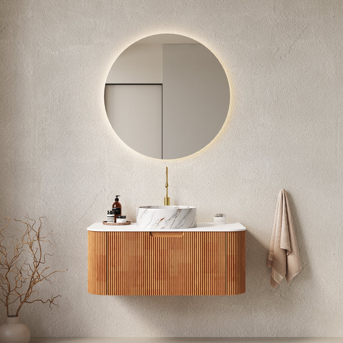 DINA 36" Bathroom Vanity & Sink, Wall-Mounted Floating Curved Edges Striped Bathroom Storage Cabinet with Drawer, White Round Ceramic Basin with Stone Pattern, Pre-assembled, Natural Woodgrain Color
