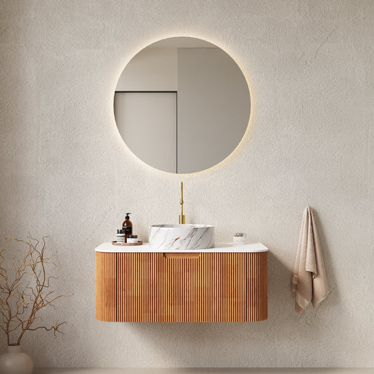 DINA 36" Bathroom Vanity & Sink, Wall-Mounted Floating Curved Edges Striped Bathroom Storage Cabinet with Drawer, White Round Ceramic Basin with Stone Pattern, Pre-assembled, Natural Woodgrain Color