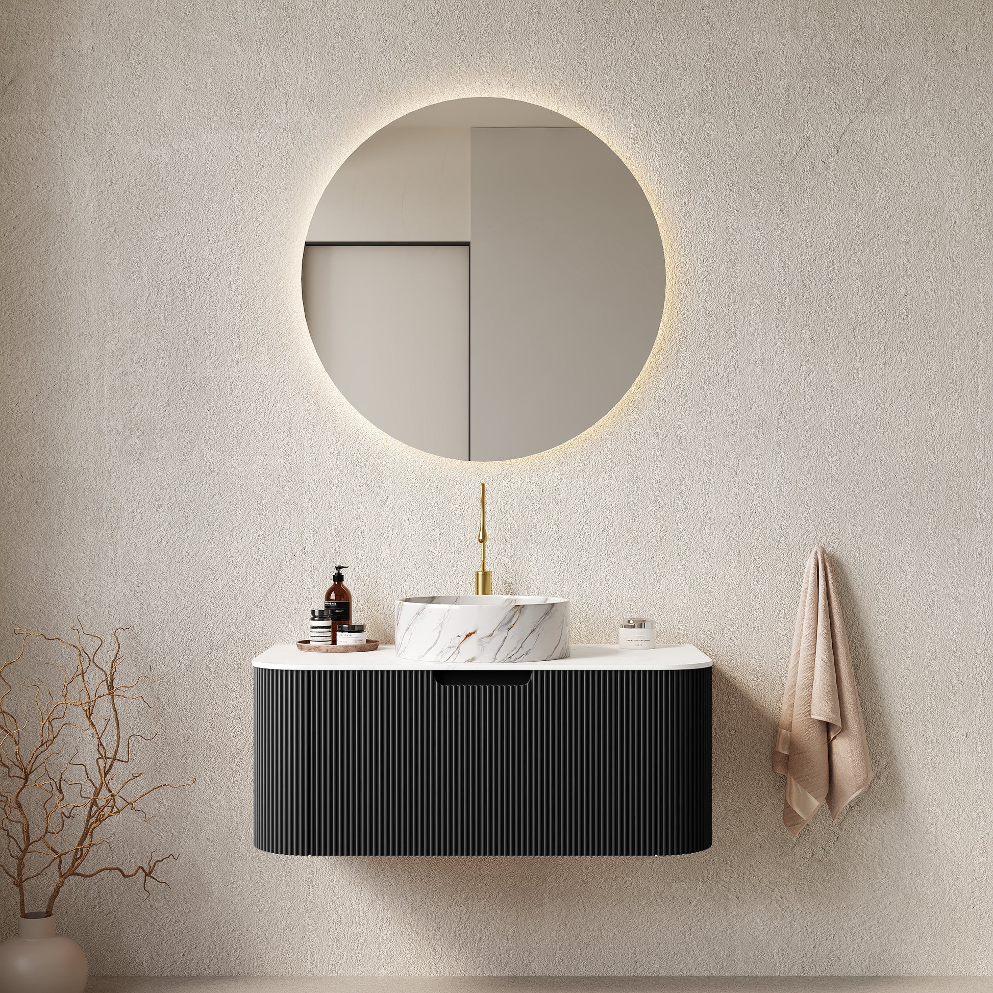 DINA 36" Bathroom Vanity with Sink, Wall-Mounted Floating Curved Edges Striped Bathroom Storage Cabinet with Drawer, White Round Ceramic Basin with Stone Pattern, Pre-assembled, Black Color
