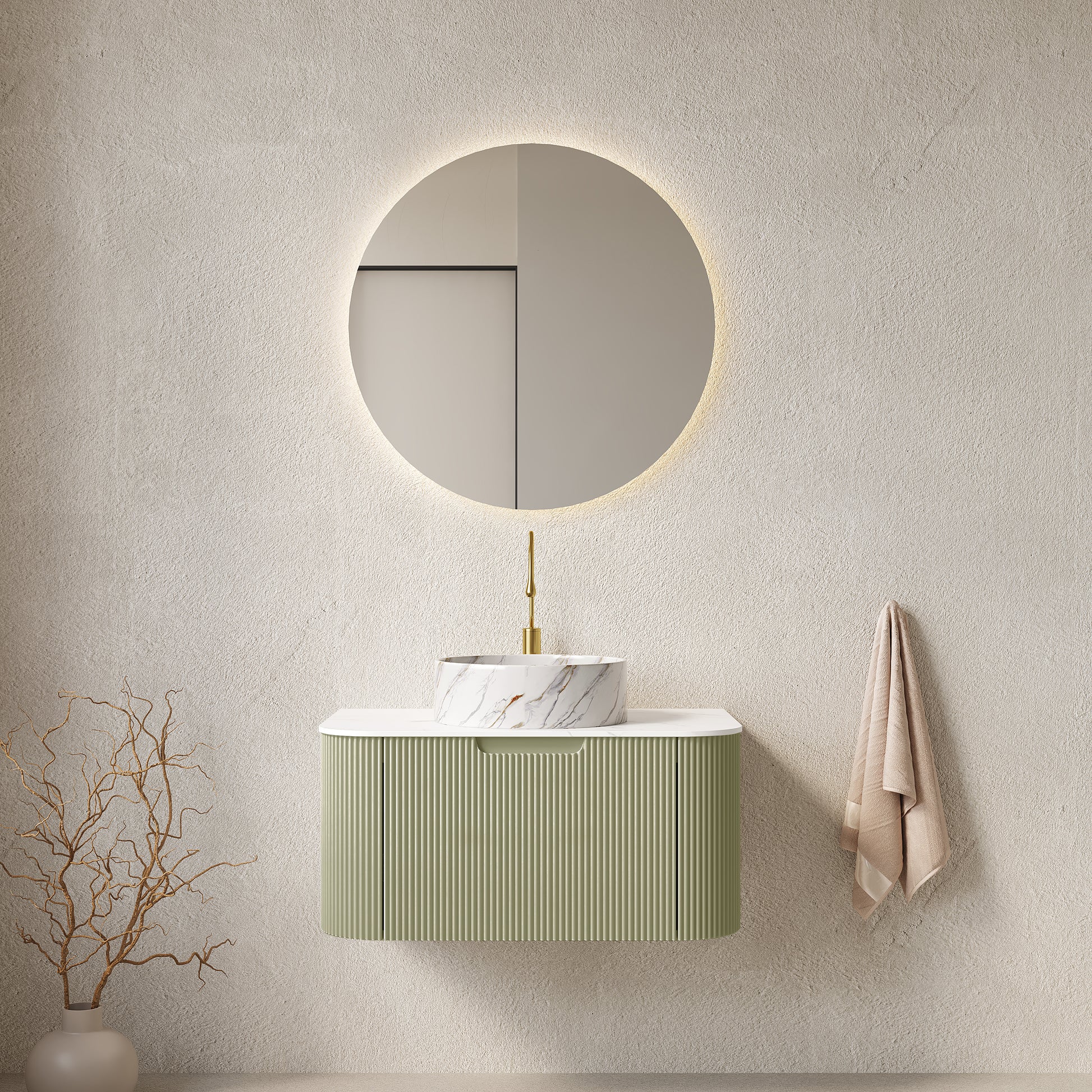 DINA 30" Bathroom Vanity with Sink, Wall-Mounted Floating Curved Edges Striped Bathroom Storage Cabinet with Drawer, White Round Ceramic Basin with Stone Pattern, Pre-assembled, Light Green Color
