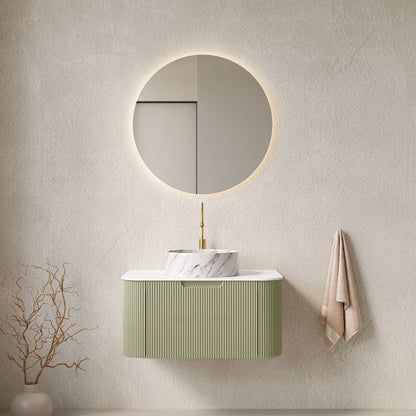 DINA 30" Bathroom Vanity with Sink, Wall-Mounted Floating Curved Edges Striped Bathroom Storage Cabinet with Drawer, White Round Ceramic Basin with Stone Pattern, Pre-assembled, Light Green Color