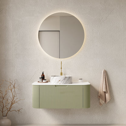 DINA 36" Bathroom Vanity with Sink, Wall-Mounted Floating Curved Edges Striped Bathroom Storage Cabinet with Drawer, White Round Ceramic Basin with Stone Pattern, Pre-assembled, Light Green Color