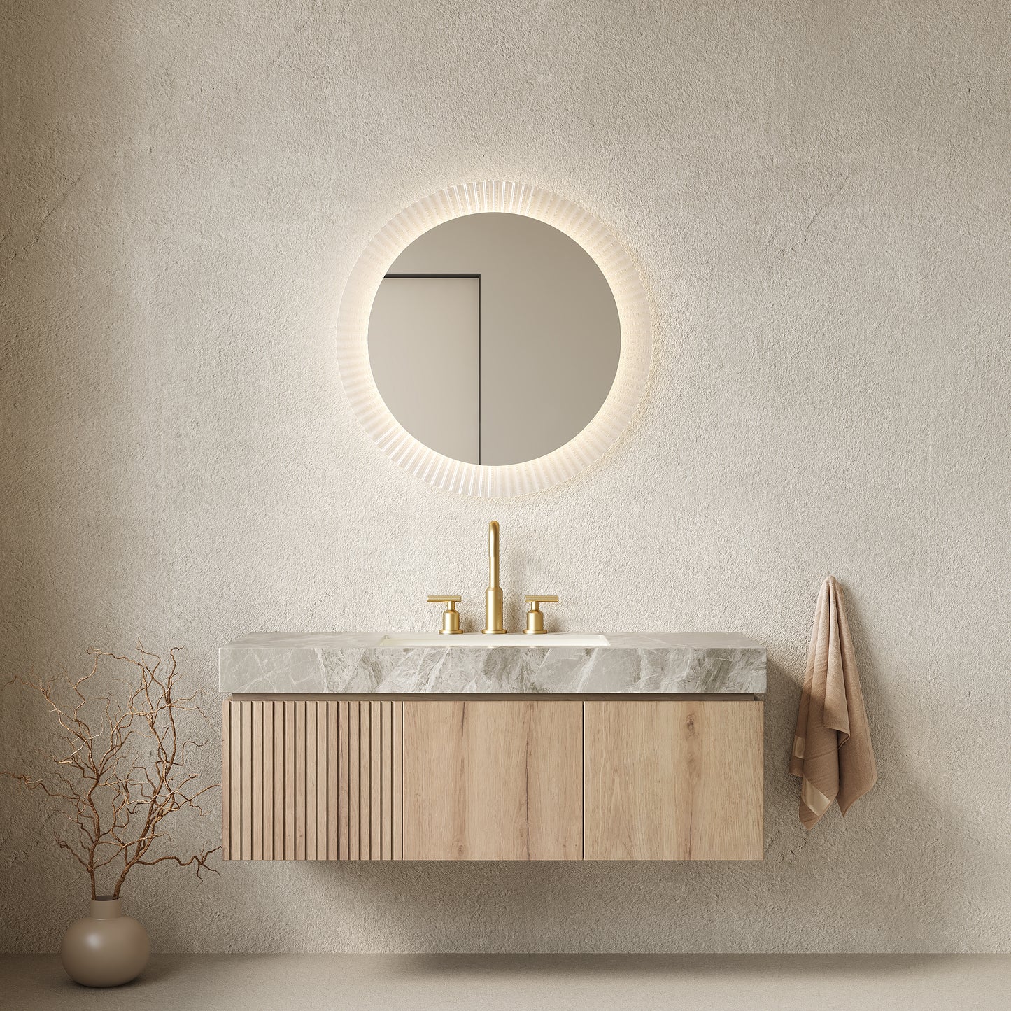 MURI 48" Bathroom Vanity&Sink, Floating Plywood Storage Cabinet with Drawer&Doors, Light Gray Sintered Stone Top&Ceramic Basin with 3 Pre-drilled Faucet Holes, Pre-assembled, White Oak Woodgrain Color