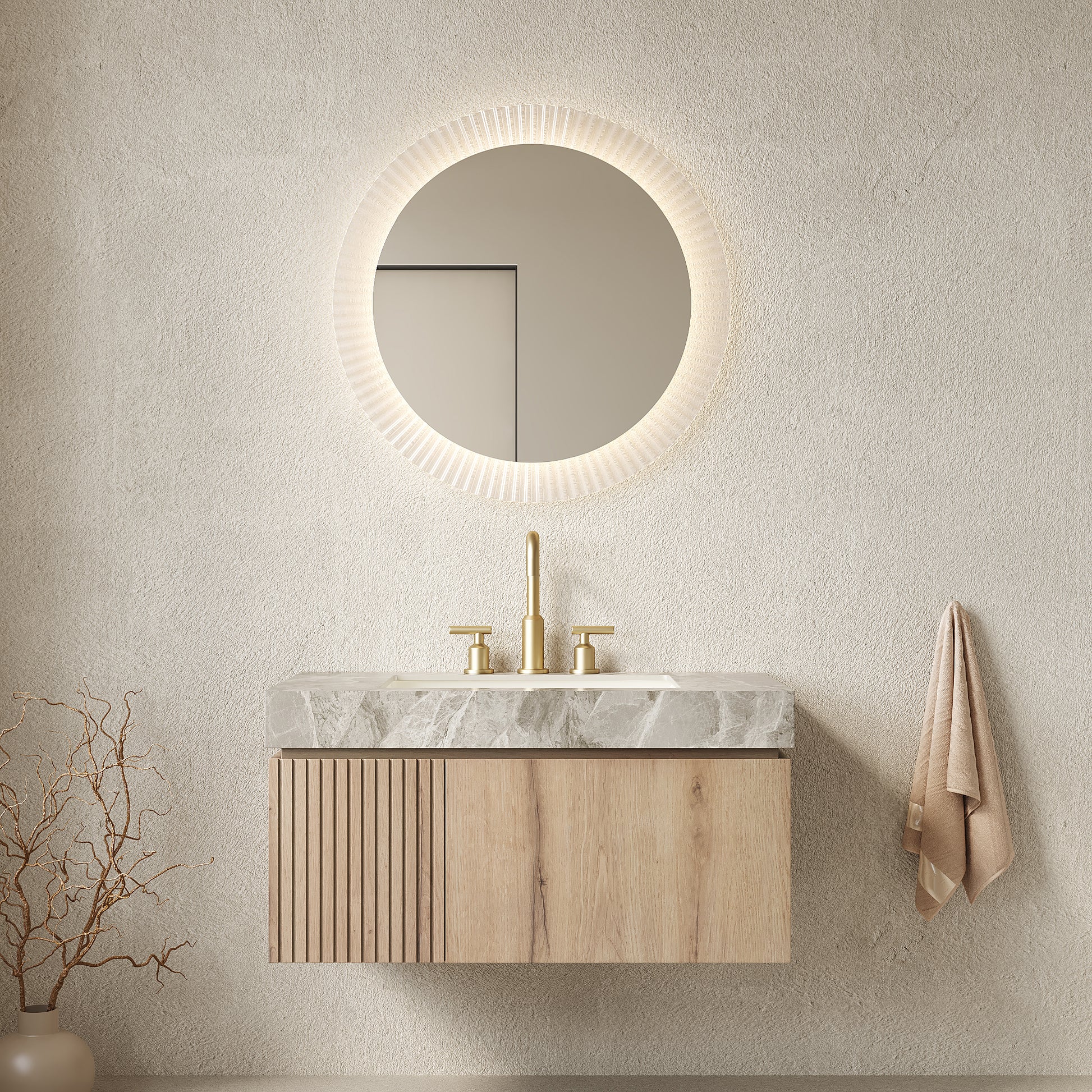 MURI 36" Bathroom Vanity&Sink, Floating Plywood Storage Cabinet with Drawer&Door, Light Gray Sintered Stone Top&Ceramic Basin with 3 Pre-drilled Faucet Holes, Pre-assembled, White Oak Woodgrain Color