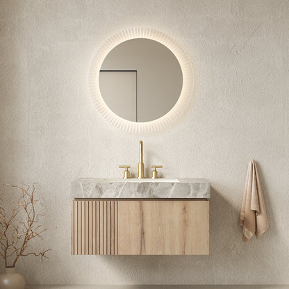 MURI 36" Bathroom Vanity&Sink, Floating Plywood Storage Cabinet with Drawer&Door, Light Gray Sintered Stone Top&Ceramic Basin with 3 Pre-drilled Faucet Holes, Pre-assembled, White Oak Woodgrain Color