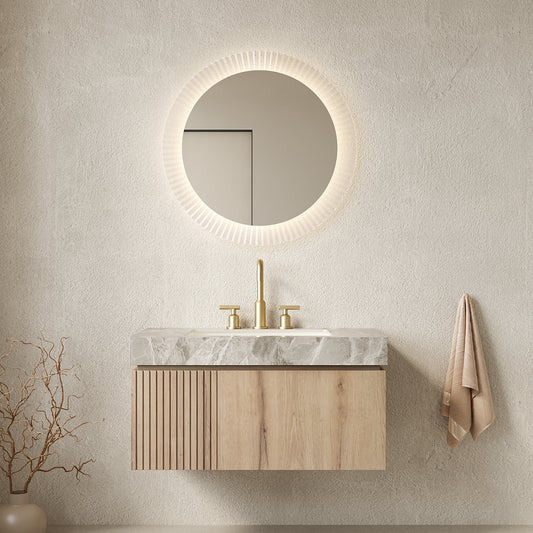 MURI 36" Bathroom Vanity&Sink, Floating Plywood Storage Cabinet with Drawer&Door, Light Gray Sintered Stone Top&Ceramic Basin with 3 Pre-drilled Faucet Holes, Pre-assembled, White Oak Woodgrain Color