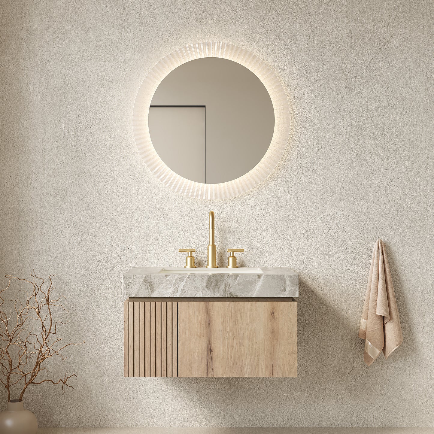 MURI 30" Bathroom Vanity&Sink, Floating Plywood Storage Cabinet with Drawer&Door, Light Gray Sintered Stone Top&Ceramic Basin with 3 Pre-drilled Faucet Holes, Pre-assembled, White Oak Woodgrain Color