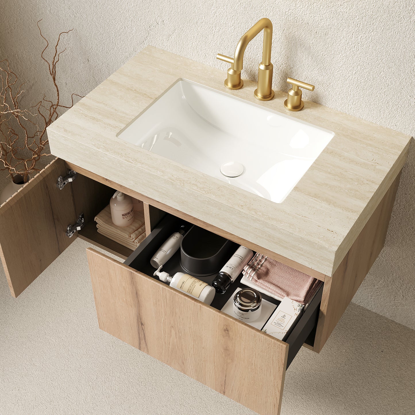 MURI 36" Bathroom Vanity & Sink - Beige, White Oak Storage Cabinet