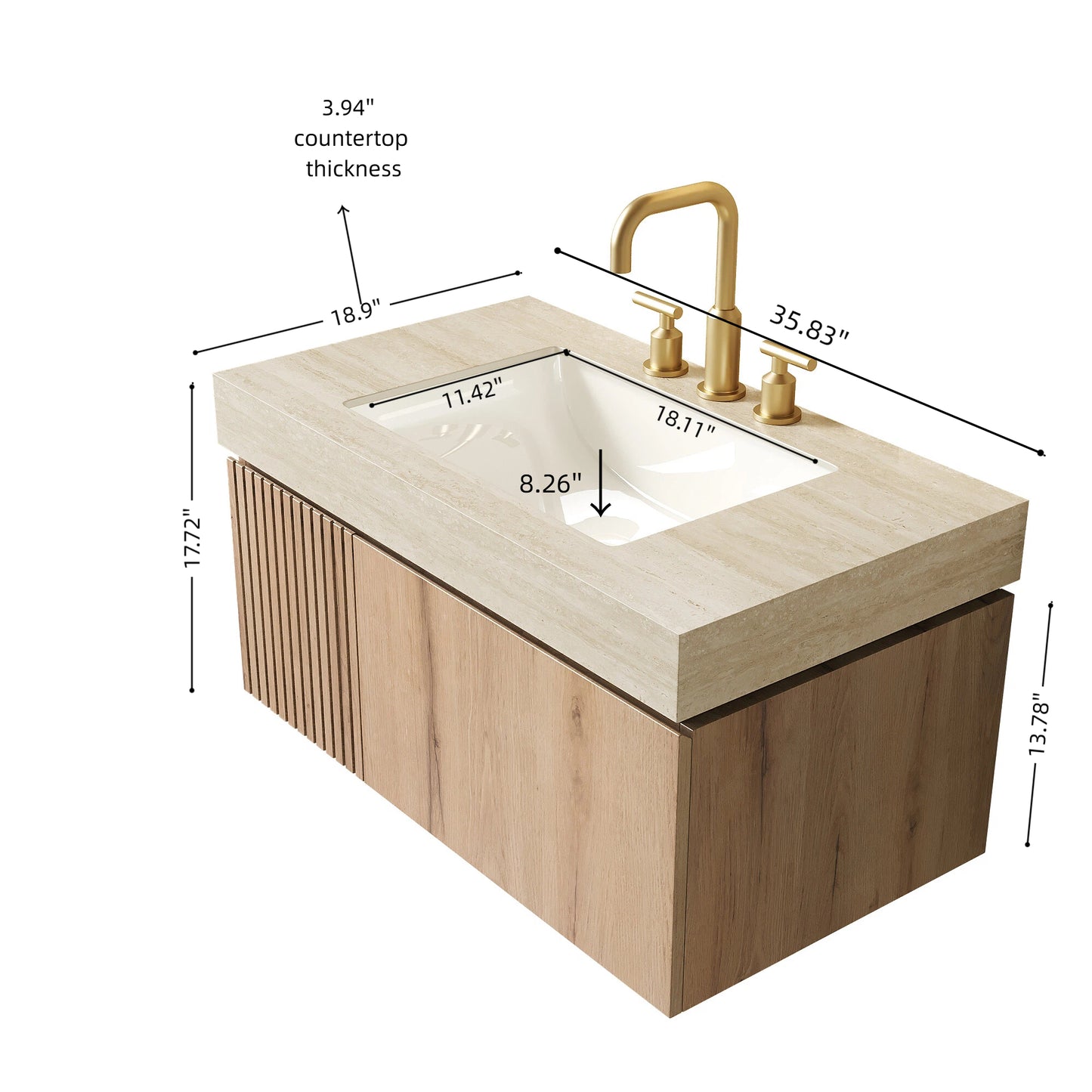 MURI 36" Bathroom Vanity & Sink - Beige, White Oak Storage Cabinet