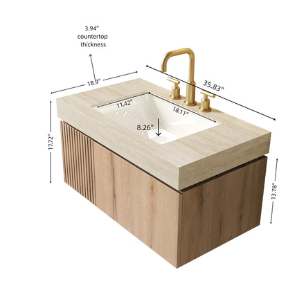 MURI 36" Bathroom Vanity & Sink - Beige, White Oak Storage Cabinet