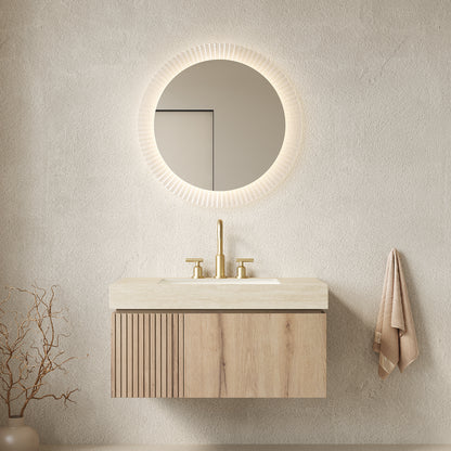 MURI 36" Bathroom Vanity&Sink, Floating Plywood Storage Cabinet with Drawer&Door, Roma Travertine Sintered Stone Top&Ceramic Basin with 3 Pre-drilled Faucet Holes, Pre-assembled, White Oak Woodgrain