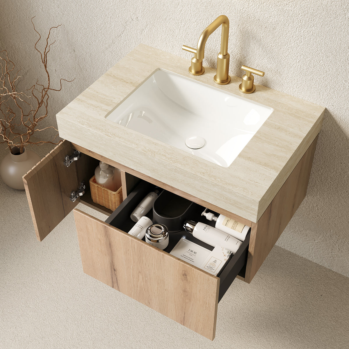 MURI 30" Bathroom Vanity & Sink - Beige, White Oak Storage Cabinet
