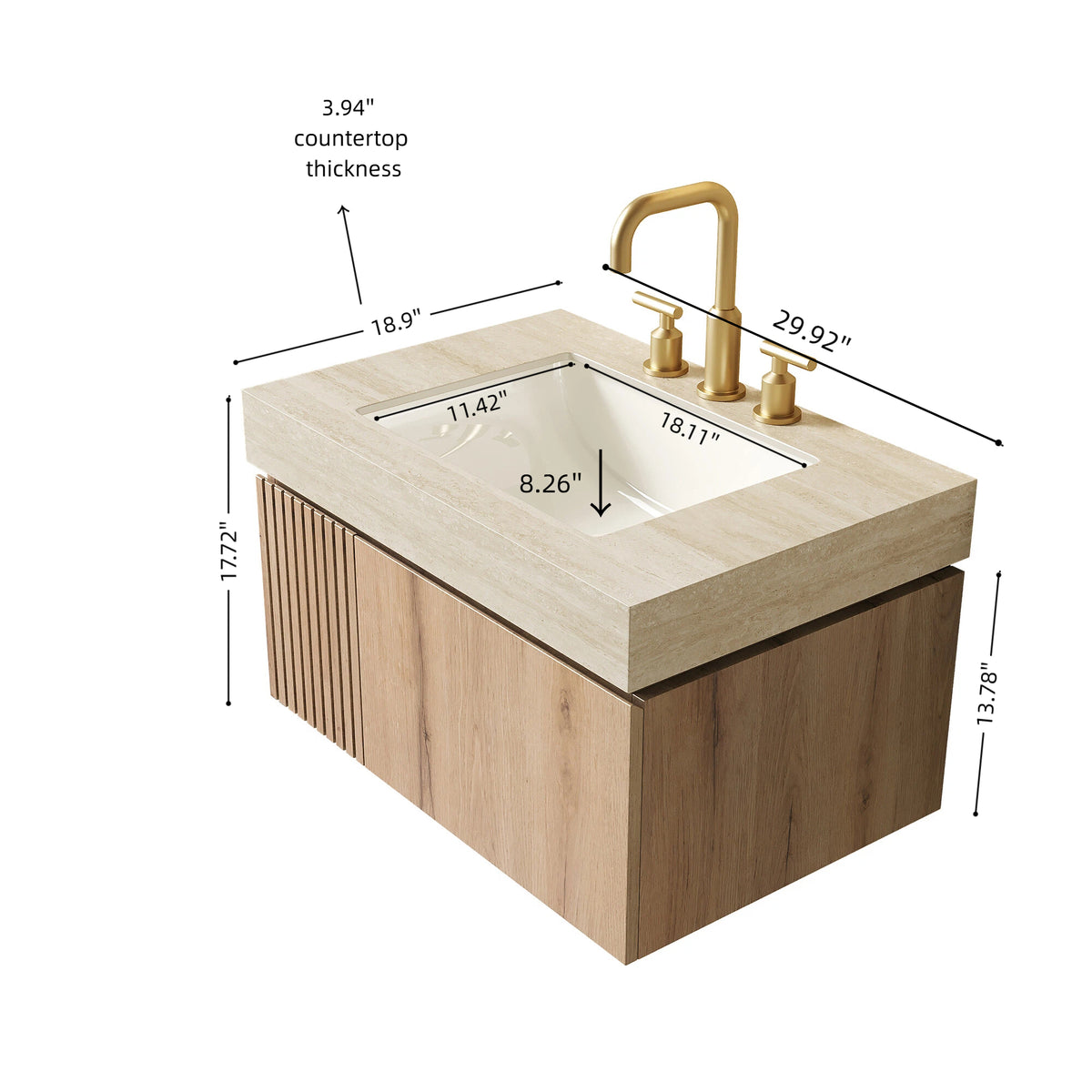 MURI 30" Bathroom Vanity & Sink - Beige, White Oak Storage Cabinet